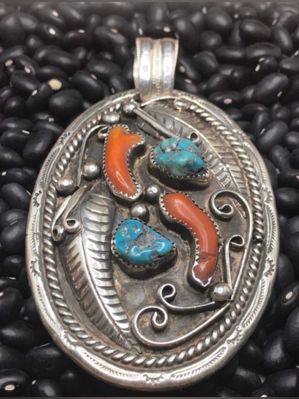 Vintage Navajo Sterling Silver Turquoise & Coral Oval Pendant - Art Acoya